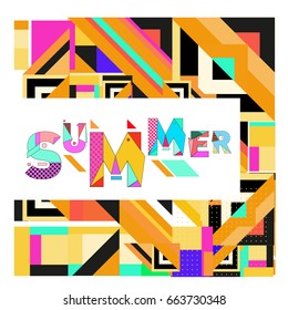 Trendy vector summer cards illustration with elements and abstract colorful textures. Design for holiday vacation poster, card, brochure, and promotion template. Fashion art print and background.