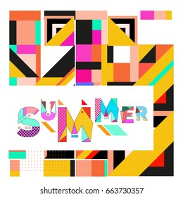 Trendy vector summer cards illustration with elements and abstract colorful textures. Design for holiday vacation poster, card, brochure, and promotion template. Fashion art print and background.