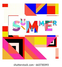 Trendy vector summer cards illustration with elements and abstract colorful textures. Design for holiday vacation poster, card, brochure, and promotion template. Fashion art print and background.
