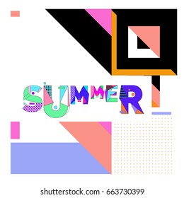 Trendy vector summer cards illustration with elements and abstract colorful textures. Design for holiday vacation poster, card, brochure, and promotion template. Fashion art print and background.