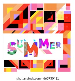 Trendy vector summer cards illustration with elements and abstract colorful textures. Design for holiday vacation poster, card, brochure, and promotion template. Fashion art print and background.