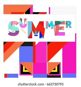 Trendy vector summer cards illustration with elements and abstract colorful textures. Design for holiday vacation poster, card, brochure, and promotion template. Fashion art print and background.