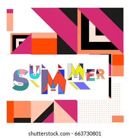 Trendy vector summer cards illustration with elements and abstract colorful textures. Design for holiday vacation poster, card, brochure, and promotion template. Fashion art print and background.