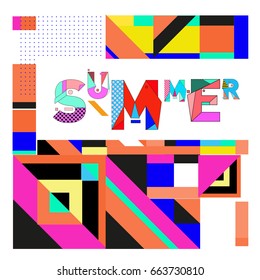 Trendy vector summer cards illustration with elements and abstract colorful textures. Design for holiday vacation poster, card, brochure, and promotion template. Fashion art print and background.