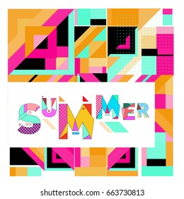 Trendy vector summer cards illustration with elements and abstract colorful textures. Design for holiday vacation poster, card, brochure, and promotion template. Fashion art print and background.