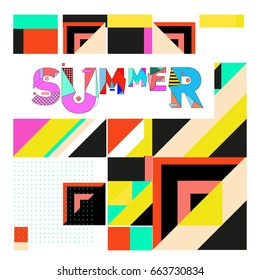 Trendy vector summer cards illustration with elements and abstract colorful textures. Design for holiday vacation poster, card, brochure, and promotion template. Fashion art print and background.