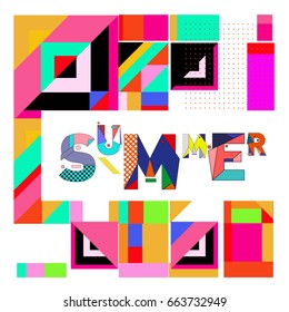 Trendy vector summer cards illustration with elements and abstract colorful textures. Design for holiday vacation poster, card, brochure, and promotion template. Fashion art print and background.