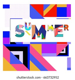 Trendy vector summer cards illustration with elements and abstract colorful textures. Design for holiday vacation poster, card, brochure, and promotion template. Fashion art print and background.