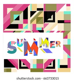 Trendy vector summer cards illustration with elements and abstract colorful textures. Design for holiday vacation poster, card, brochure, and promotion template. Fashion art print and background.