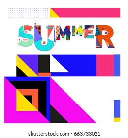 Trendy vector summer cards illustration with elements and abstract colorful textures. Design for holiday vacation poster, card, brochure, and promotion template. Fashion art print and background.
