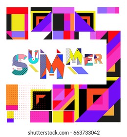 Trendy vector summer cards illustration with elements and abstract colorful textures. Design for holiday vacation poster, card, brochure, and promotion template. Fashion art print and background.