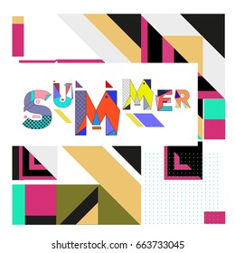 Trendy vector summer cards illustration with elements and abstract colorful textures. Design for holiday vacation poster, card, brochure, and promotion template. Fashion art print and background.