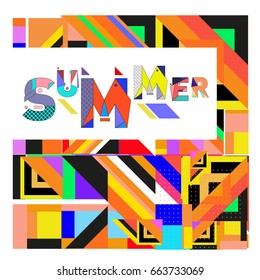 Trendy vector summer cards illustration with elements and abstract colorful textures. Design for holiday vacation poster, card, brochure, and promotion template. Fashion art print and background.