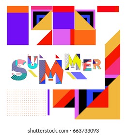 Trendy vector summer cards illustration with elements and abstract colorful textures. Design for holiday vacation poster, card, brochure, and promotion template. Fashion art print and background.