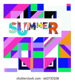 Trendy vector summer cards illustration with elements and abstract colorful textures. Design for holiday vacation poster, card, brochure, and promotion template. Fashion art print and background.