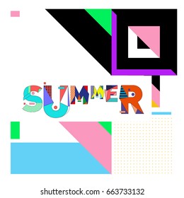Trendy vector summer cards illustration with elements and abstract colorful textures. Design for holiday vacation poster, card, brochure, and promotion template. Fashion art print and background.