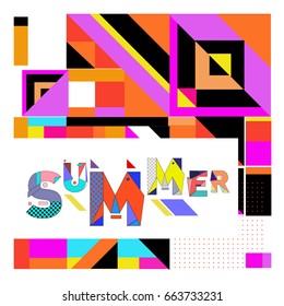 Trendy vector summer cards illustration with elements and abstract colorful textures. Design for holiday vacation poster, card, brochure, and promotion template. Fashion art print and background.