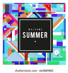 Trendy vector summer cards illustration with elements and abstract colorful textures. Design for holiday vacation poster, card, brochure, and promotion template. Fashion art print and background.