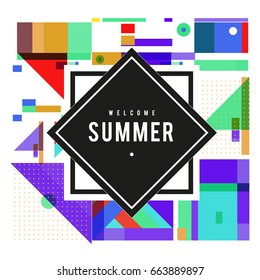 Trendy vector summer cards illustration with elements and abstract colorful textures. Design for holiday vacation poster, card, brochure, and promotion template. Fashion art print and background.