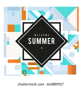 Trendy vector summer cards illustration with elements and abstract colorful textures. Design for holiday vacation poster, card, brochure, and promotion template. Fashion art print and background.