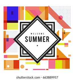 Trendy vector summer cards illustration with elements and abstract colorful textures. Design for holiday vacation poster, card, brochure, and promotion template. Fashion art print and background.