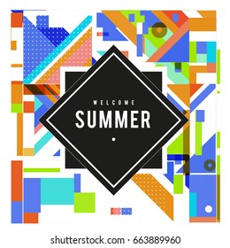 Trendy vector summer cards illustration with elements and abstract colorful textures. Design for holiday vacation poster, card, brochure, and promotion template. Fashion art print and background.