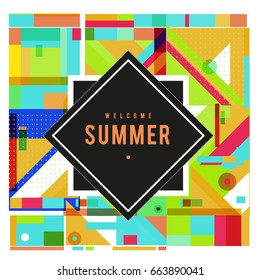 Trendy vector summer cards illustration with elements and abstract colorful textures. Design for holiday vacation poster, card, brochure, and promotion template. Fashion art print and background.