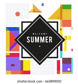 Trendy vector summer cards illustration with elements and abstract colorful textures. Design for holiday vacation poster, card, brochure, and promotion template. Fashion art print and background.