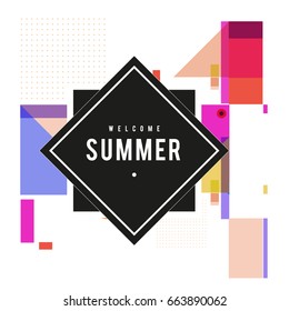 Trendy vector summer cards illustration with elements and abstract colorful textures. Design for holiday vacation poster, card, brochure, and promotion template. Fashion art print and background.