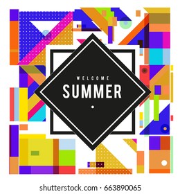 Trendy vector summer cards illustration with elements and abstract colorful textures. Design for holiday vacation poster, card, brochure, and promotion template. Fashion art print and background.