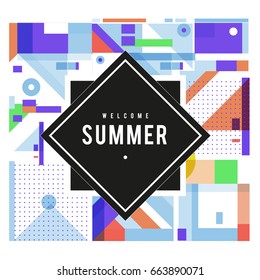 Trendy vector summer cards illustration with elements and abstract colorful textures. Design for holiday vacation poster, card, brochure, and promotion template. Fashion art print and background.