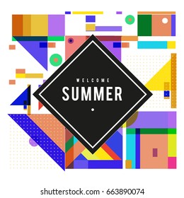 Trendy vector summer cards illustration with elements and abstract colorful textures. Design for holiday vacation poster, card, brochure, and promotion template. Fashion art print and background.