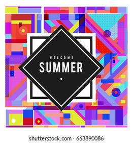 Trendy vector summer cards illustration with elements and abstract colorful textures. Design for holiday vacation poster, card, brochure, and promotion template. Fashion art print and background.