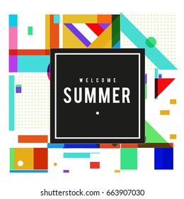 Trendy vector summer cards illustration with elements and abstract colorful textures. Design for holiday vacation poster, card, brochure, and promotion template. Fashion art print and background.