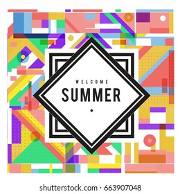 Trendy vector summer cards illustration with elements and abstract colorful textures. Design for holiday vacation poster, card, brochure, and promotion template. Fashion art print and background.