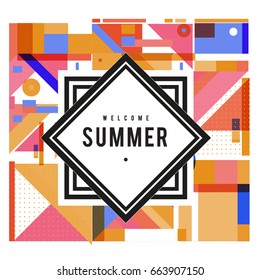 Trendy vector summer cards illustration with elements and abstract colorful textures. Design for holiday vacation poster, card, brochure, and promotion template. Fashion art print and background.