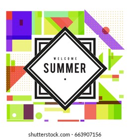Trendy vector summer cards illustration with elements and abstract colorful textures. Design for holiday vacation poster, card, brochure, and promotion template. Fashion art print and background.