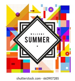 Trendy vector summer cards illustration with elements and abstract colorful textures. Design for holiday vacation poster, card, brochure, and promotion template. Fashion art print and background.