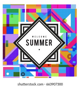 Trendy vector summer cards illustration with elements and abstract colorful textures. Design for holiday vacation poster, card, brochure, and promotion template. Fashion art print and background.