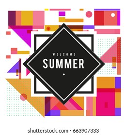 Trendy vector summer cards illustration with elements and abstract colorful textures. Design for holiday vacation poster, card, brochure, and promotion template. Fashion art print and background.