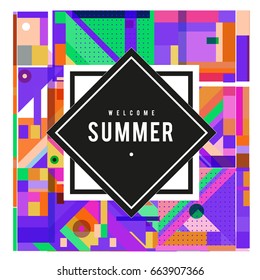 Trendy vector summer cards illustration with elements and abstract colorful textures. Design for holiday vacation poster, card, brochure, and promotion template. Fashion art print and background.