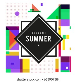 Trendy vector summer cards illustration with elements and abstract colorful textures. Design for holiday vacation poster, card, brochure, and promotion template. Fashion art print and background.