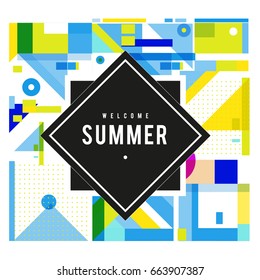 Trendy vector summer cards illustration with elements and abstract colorful textures. Design for holiday vacation poster, card, brochure, and promotion template. Fashion art print and background.
