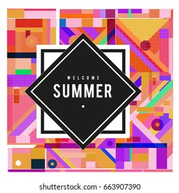 Trendy vector summer cards illustration with elements and abstract colorful textures. Design for holiday vacation poster, card, brochure, and promotion template. Fashion art print and background.
