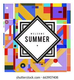Trendy vector summer cards illustration with elements and abstract colorful textures. Design for holiday vacation poster, card, brochure, and promotion template. Fashion art print and background.