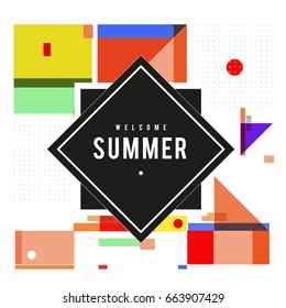 Trendy vector summer cards illustration with elements and abstract colorful textures. Design for holiday vacation poster, card, brochure, and promotion template. Fashion art print and background.