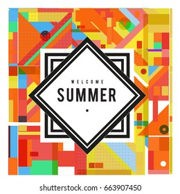 Trendy vector summer cards illustration with elements and abstract colorful textures. Design for holiday vacation poster, card, brochure, and promotion template. Fashion art print and background.