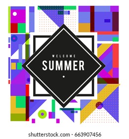 Trendy vector summer cards illustration with elements and abstract colorful textures. Design for holiday vacation poster, card, brochure, and promotion template. Fashion art print and background.