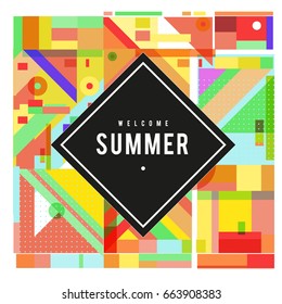 Trendy vector summer cards illustration with elements and abstract colorful textures. Design for holiday vacation poster, card, brochure, and promotion template. Fashion art print and background.