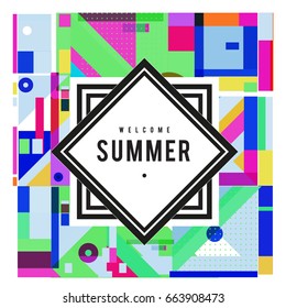Trendy vector summer cards illustration with elements and abstract colorful textures. Design for holiday vacation poster, card, brochure, and promotion template. Fashion art print and background.